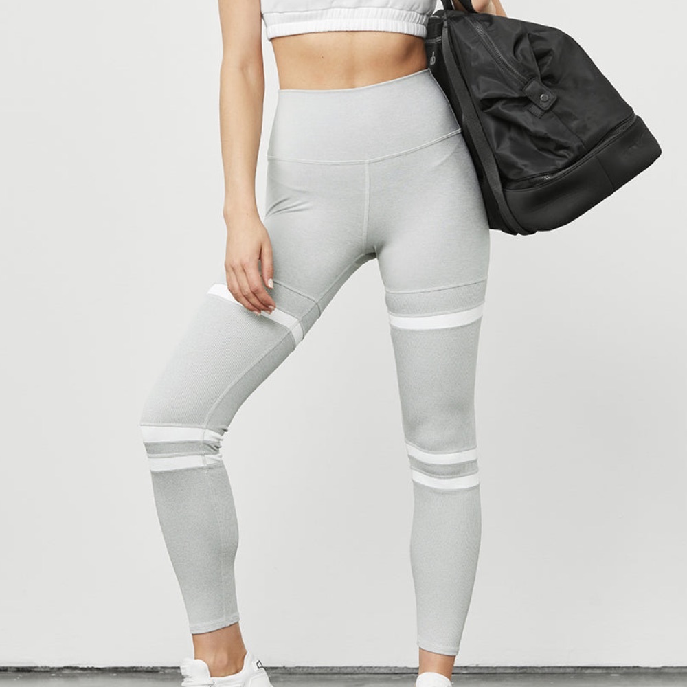 Alo Yoga Hogh Waist Leggings Striped Heather Gray White